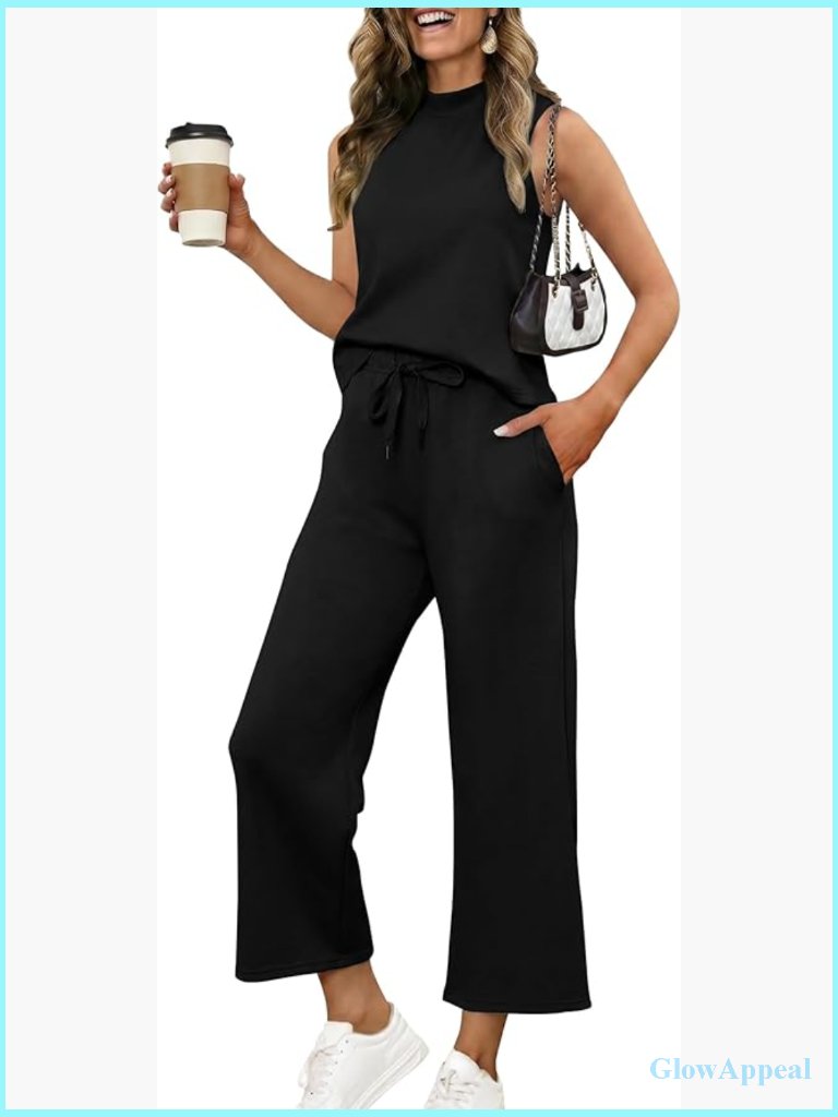 2 Piece Lounge Set Mock Neck Top Wide Leg Crop Pants Summer Travel Outfit